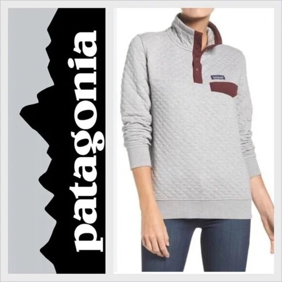 Patagonia Organic Cotton Light Gray & Maroon Quilted 1/4 Button Up Sweatshirt - Picture 1 of 7